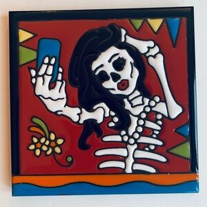 Hand Held Designs Hand Glazed Skeleton Lady Crafted Pottery Tile Halloween